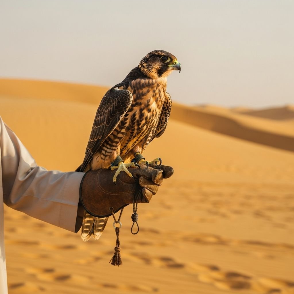Majestic Arabian falcon display desert safari Dubai