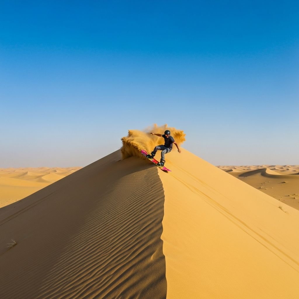 Sandboarding down the dunes Dubai desert safari